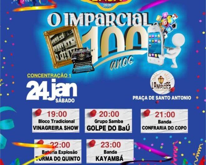 Primeira concentração do Bloco da Imprensa 2026 será, neste sábado, 24, às 19h, no Lampiões Buteco, na Praça Antônio Lobo, Centro.