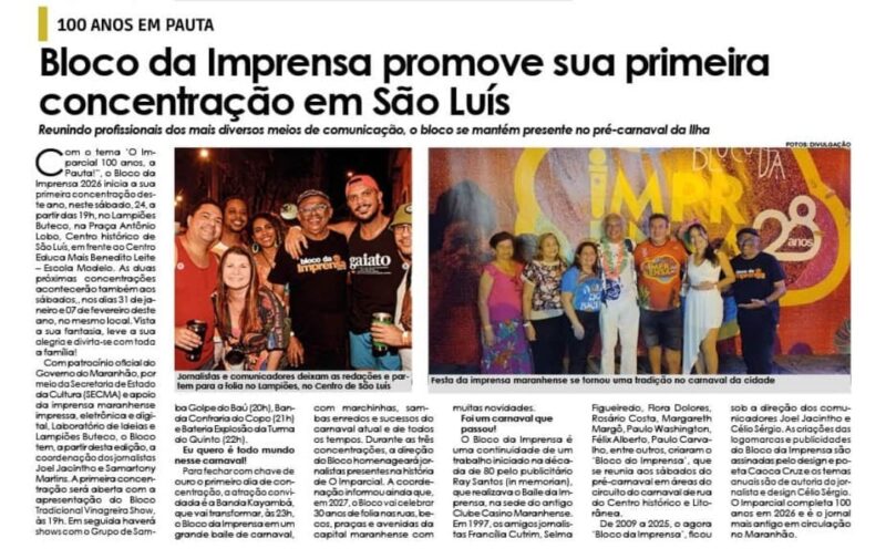 EXTRA! EXTRA! EXTRA! BOMBOU NAS NAS REDES! Tá na mídia! É notícia Tá tudo pronto! Tem Bloco da Imprensa, neste sábado, 24.01, dando a largada pelas ruas de São Luís. Concentração: Lampiões Buteco!  Leia mais nos blogs, portais e sites!!!