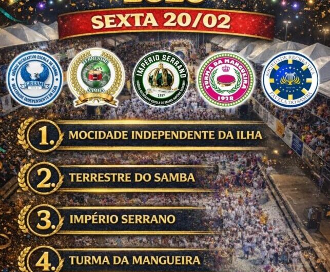 Saiu a Ordem de Desfile do Carnaval de Passarela 2026! Desfile das dez escolas de samba acontecerão na sexta-feira, 20, e no sábado, 21 de fevereiro!