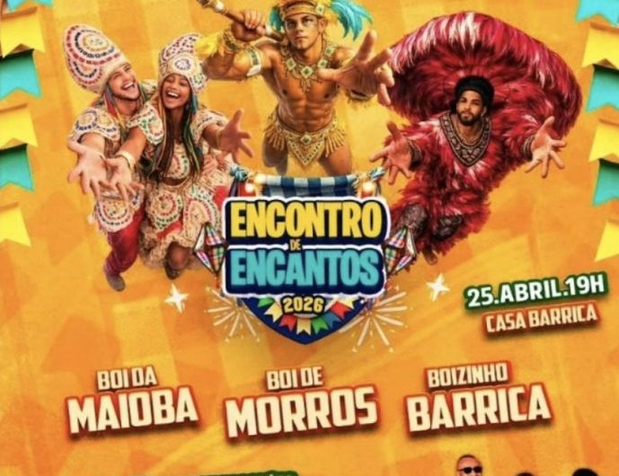 Sábado, 25 de abril, na Casa Barrica tem Boi de Morros, Boizinho Barrica e Boi da Maioba, juntos, no Encontro de Encantos, uma noite especial que marca a prévia do São João do Maranhão.