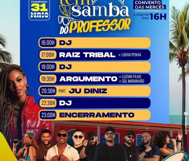 ‘Tem Samba do Professor’ une projetos culturais em edição solidária com show inédito de Ju Diniz em São Luís. Será neste domingo (31), a partir das 16h, no Convento das Mercês, em São Luís.