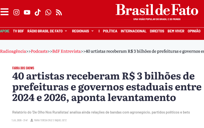 Relatório do ‘De Olho Nos Ruralistas’ analisa ainda relações de bandas com agronegócio, partidos políticos e bets