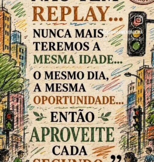 Recado do dia! A vida não tem replay… Nunca mais teremos a mesma idade… O mesmo dia, a mesma oportunidade… Então, aproveite cada segundo!