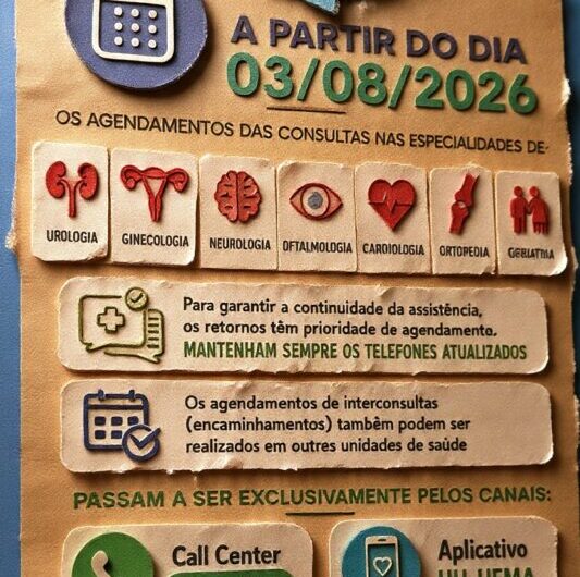 Hospital Universitário da UFMA informa: a partir de hoje, segunda-feira, 03 de agosto de 2026, os agendamentos das consultas nas especialidades de Urologia, Ginecologia, Neurologia, Oftalmologia, Cardiologia, Ortopedia e Geriatria passam a ser feitos exclusivamente pelos canais 2109 1233 e aplicativo do HU-UFMA.