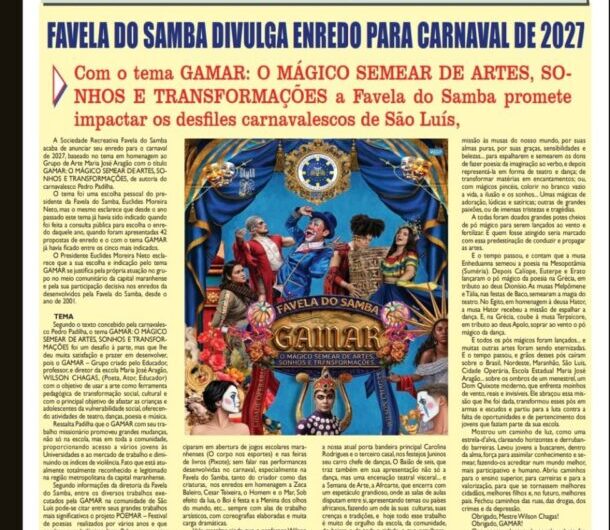 Carnaval 2027 vai gamar: Favela do Samba divulga novo enredo! Será ‘Gamar, o mágico semear de artes, sonhos e transformações’. Leia na íntegra!