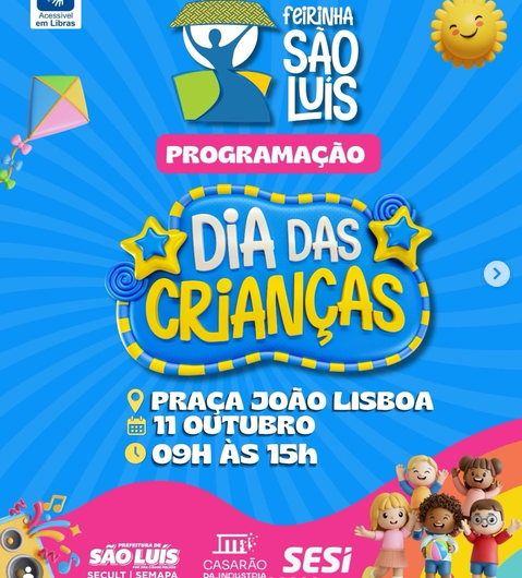 Neste domingo (11), a Feirinha São Luís terá uma edição especial de Dia das Crianças! A partir das 9h, a Praça João Lisboa recebe Coral do SESI, Natureza de Brincar, Banda Vagalume, Circo Tá na Rua, Banda Uni Duni Tê e Banda do Professor, além de música, brincadeiras, oficinas de tecnologia, experiências culturais e brinquedos gratuitos para a garotada! 