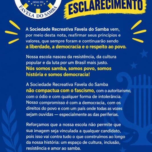 Em nota, diretoria da Favela do Samba esclarece que não permite a associação do nome e da marca oficial da escola de samba com qualquer candidatura política. Leia na íntegra!